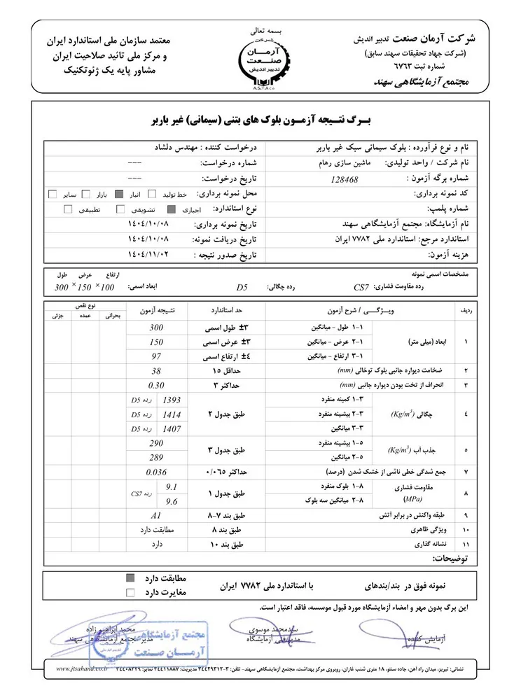 تاییدیه گواهی استاندارد بلوک سیمانی اوبا پازل ماشین سازی رهام طبق استاندارد 7782